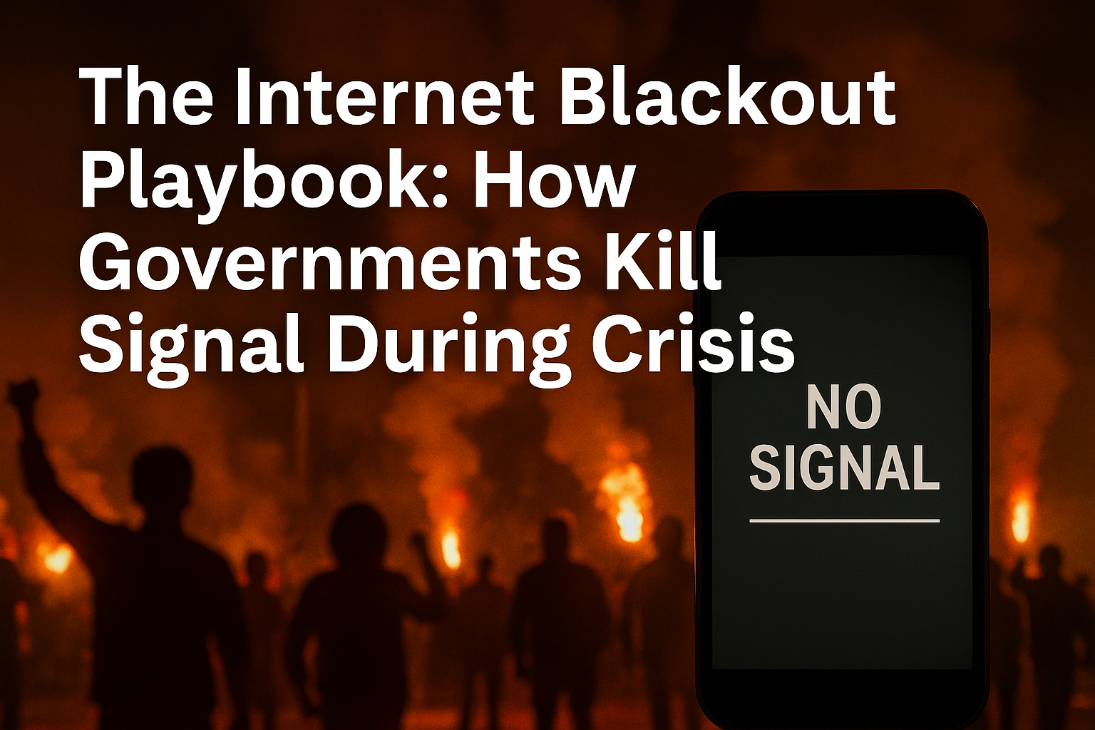 Smartphone showing “NO SIGNAL” amid protest flames and smoke — symbolizing digital suppression during political unrest.