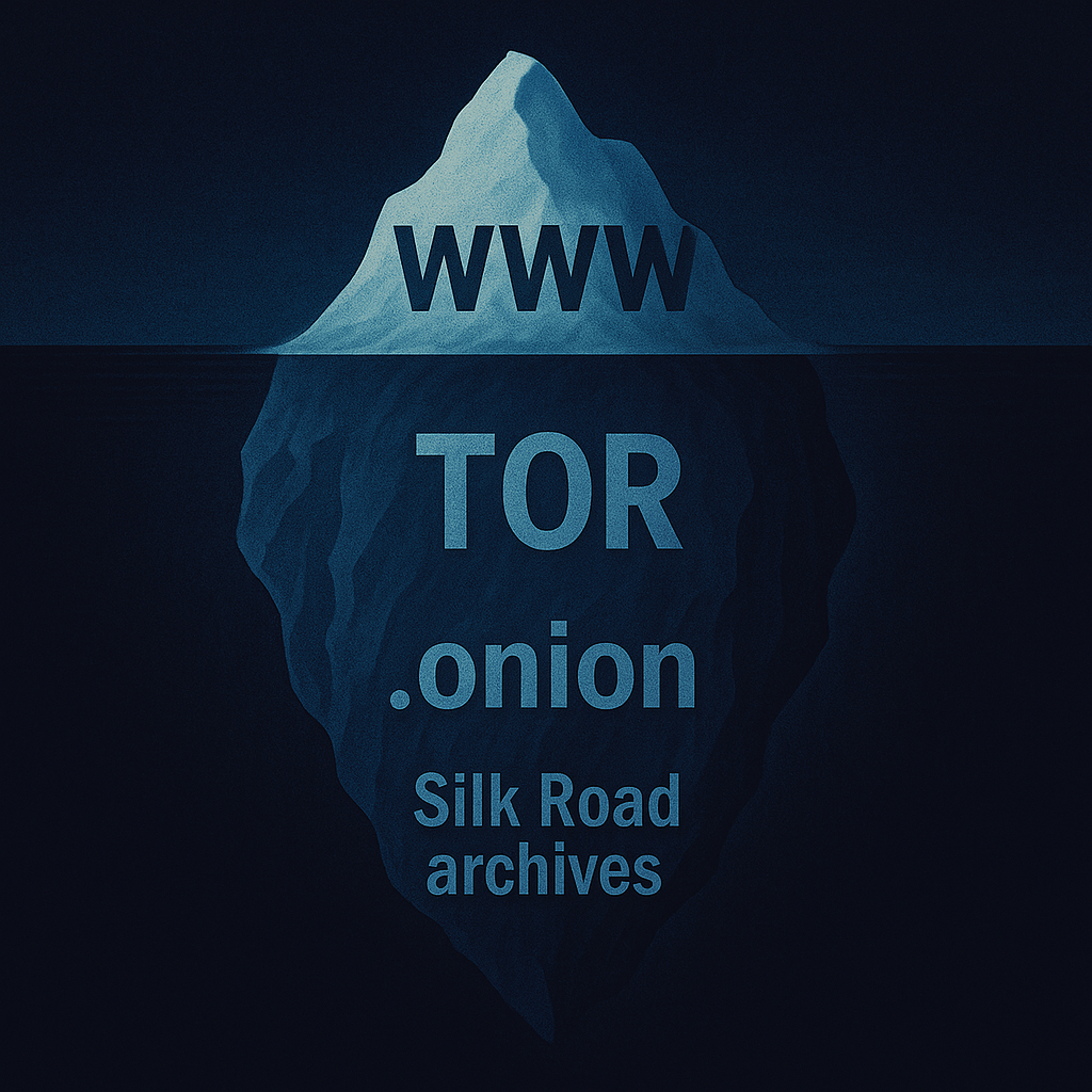 A glowing iceberg floats in pitch black water—only its tip is visible above the surface, with “www” etched on it. Below the surface, massive shadowy structures labeled “TOR,” “.onion,” and “Silk Road archives” loom like sunken ruins.