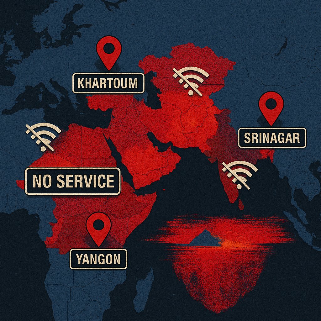 Map with blackout zones glowing in red, overlaid with “NO SERVICE” warnings and disconnected Wi-Fi icons across cities like Khartoum, Yangon, and Srinagar.