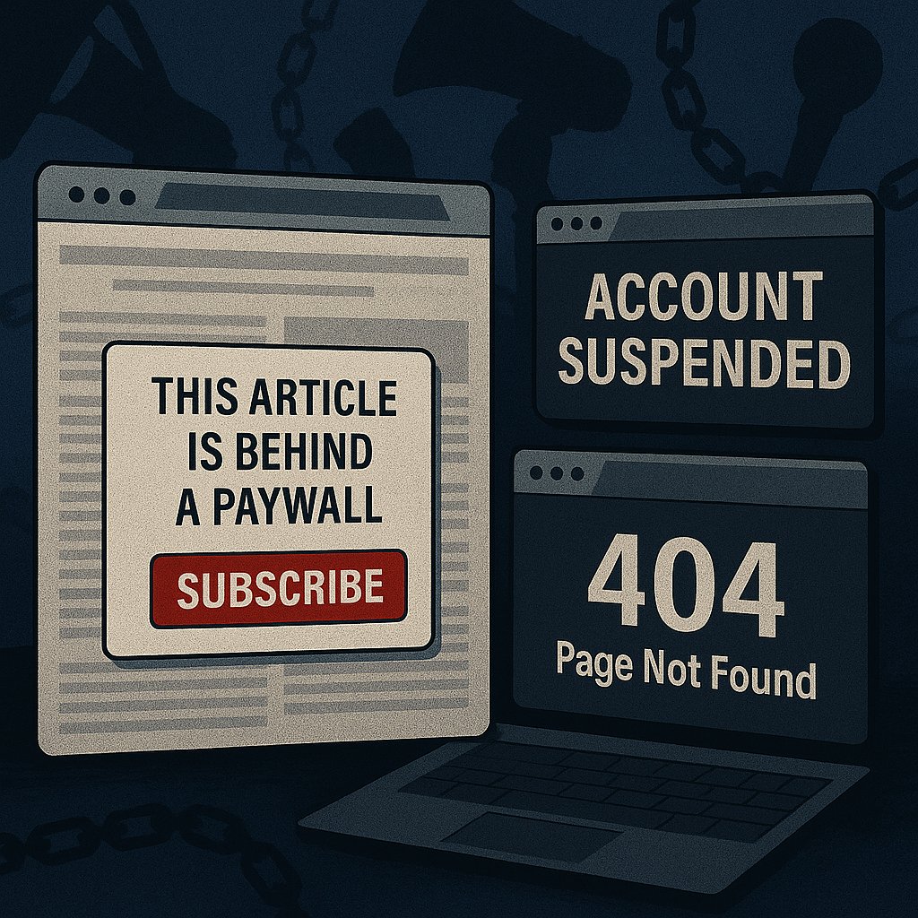 A news article blurred behind a paywall pop-up, while another tab shows “Account Suspended” and a 404 error. Shadows of chained microphones and silenced megaphones in the background.