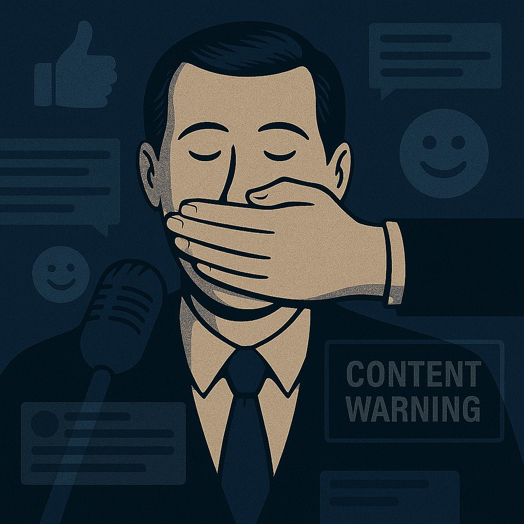 A hand gently covering a speaker's mouth with a smile, surrounded by floating emojis, content warnings, and blurred comment sections.