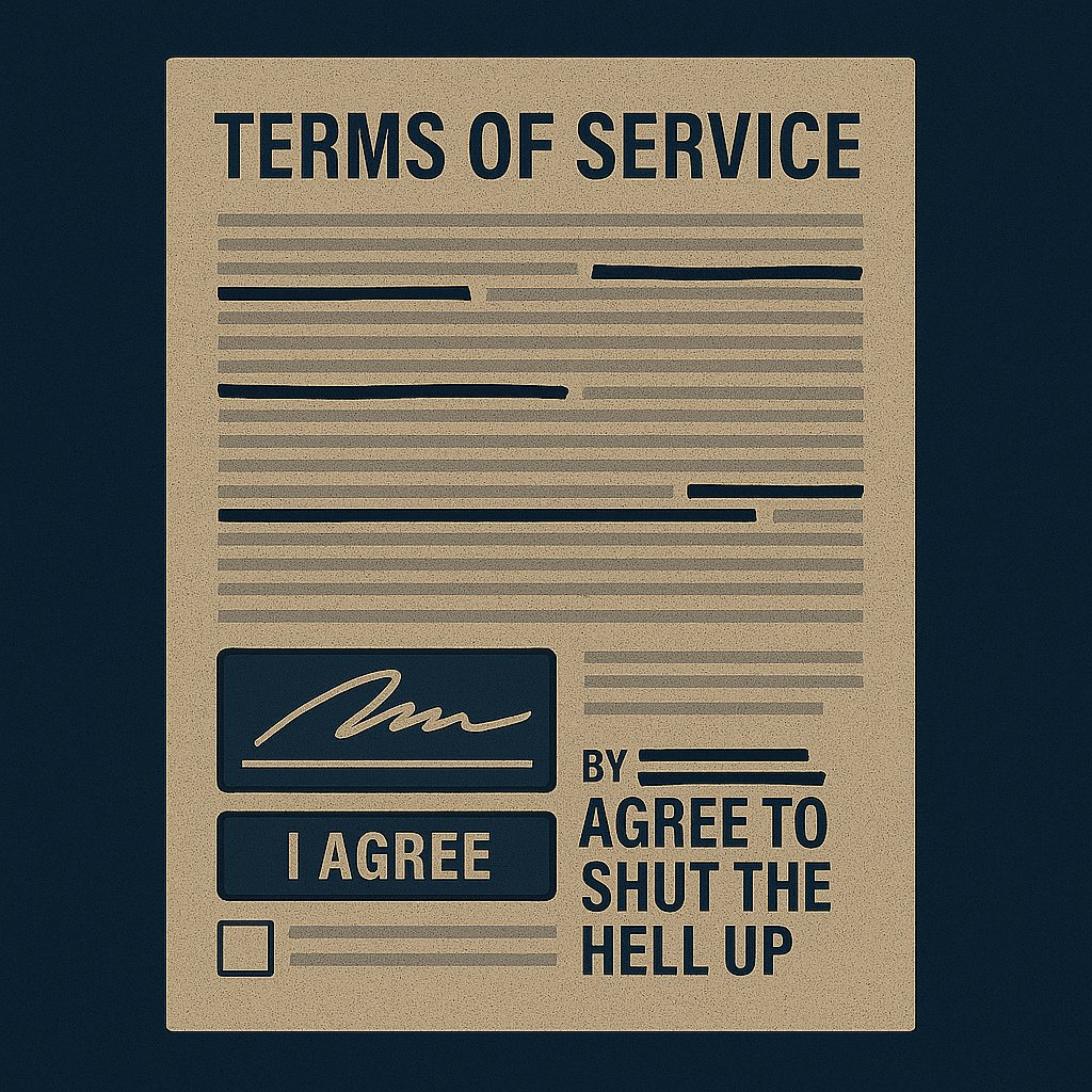 A lengthy Terms of Service document with redacted text, a digital signature field, and a hidden clause labeled “By signing, you agree to shut the hell up.”