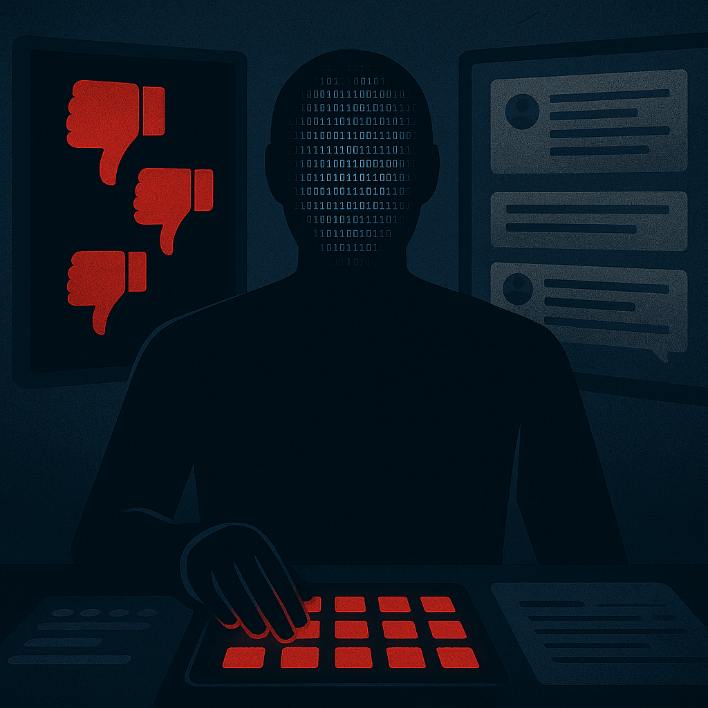 A faceless humanoid made of algorithmic code sits behind a glowing moderation console, with red thumbs-down icons on one screen and blurred social posts on another.